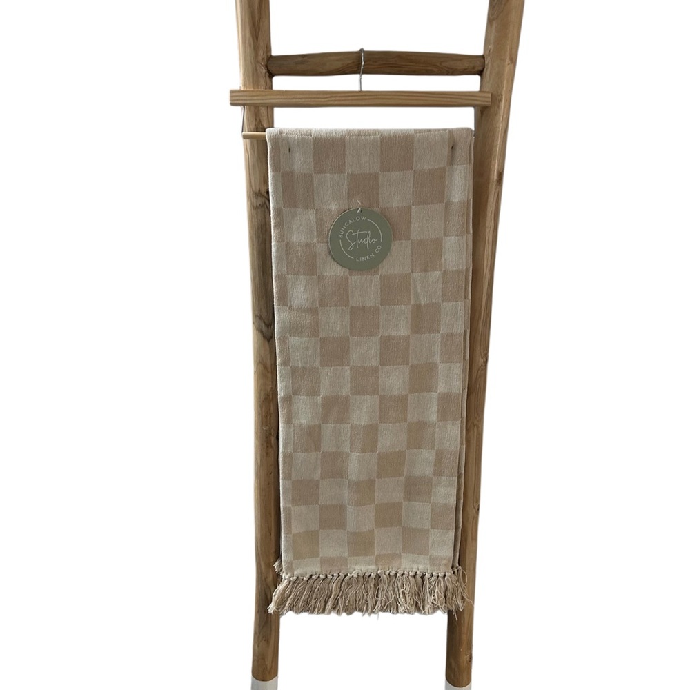 Bungalow Studio Linen Co. Tan Checkerboard Boho Throw Blanket - NWT - Picture 2 of 5